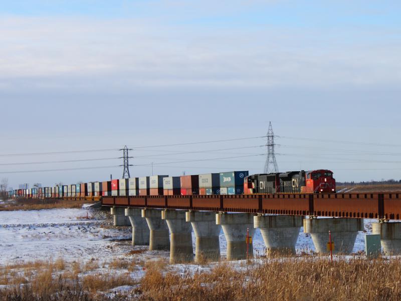 CN 8906 crossing the Floodway in Winnipeg