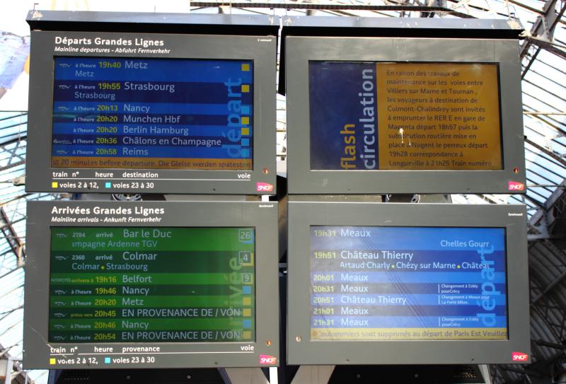 The departures and arrivals board at Gare de l'Est in Paris France