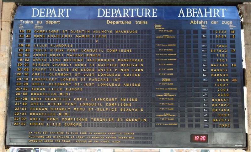 Departures board at Gare du Nord in Paris