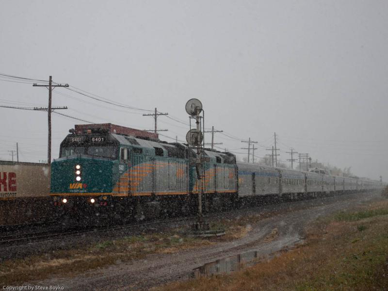 VIA 6401 in the snow in Winnipeg