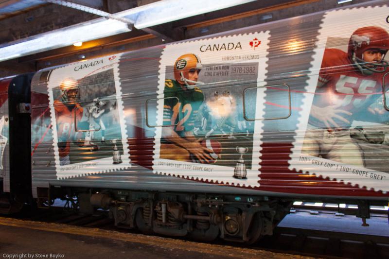 Stamps on the exterior of the Grey Cup train